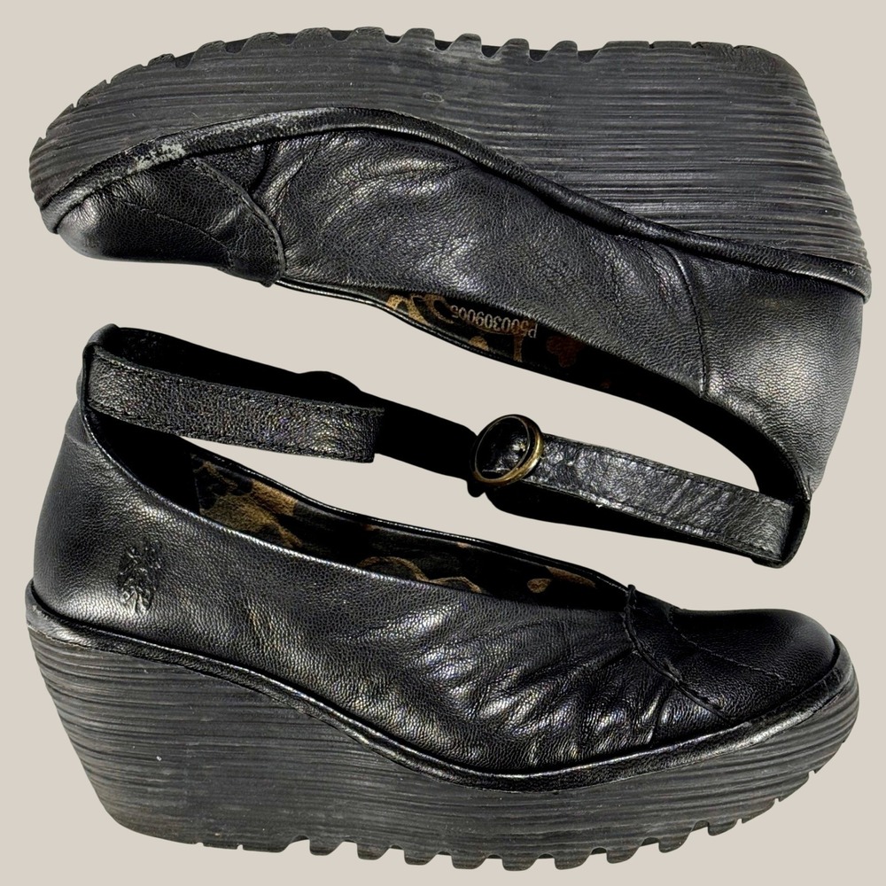 Fly London Womens 36 Black Leather Ankle Strap Platform Wedge Shoes P500309005 - Picture 3 of 11